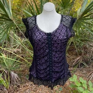 Y2K Vintage Lace Bustier Look Blouse Black Pink Cap Sleeves Studio 1940 Size XL
